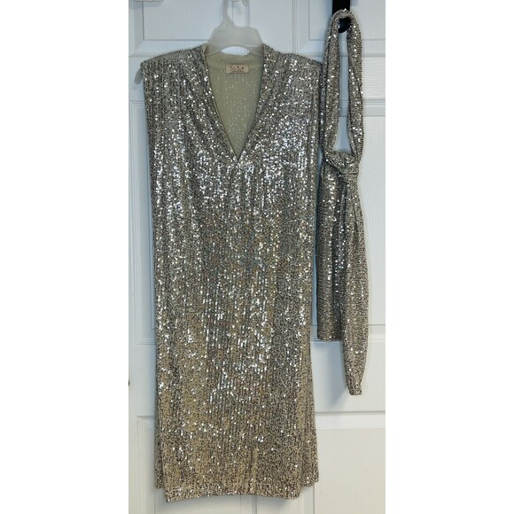 Sofia Lux Champagne Sequin Dress OS One Size Fits 4-14 Made In Italy Retail $195 - Picture 2 of 12